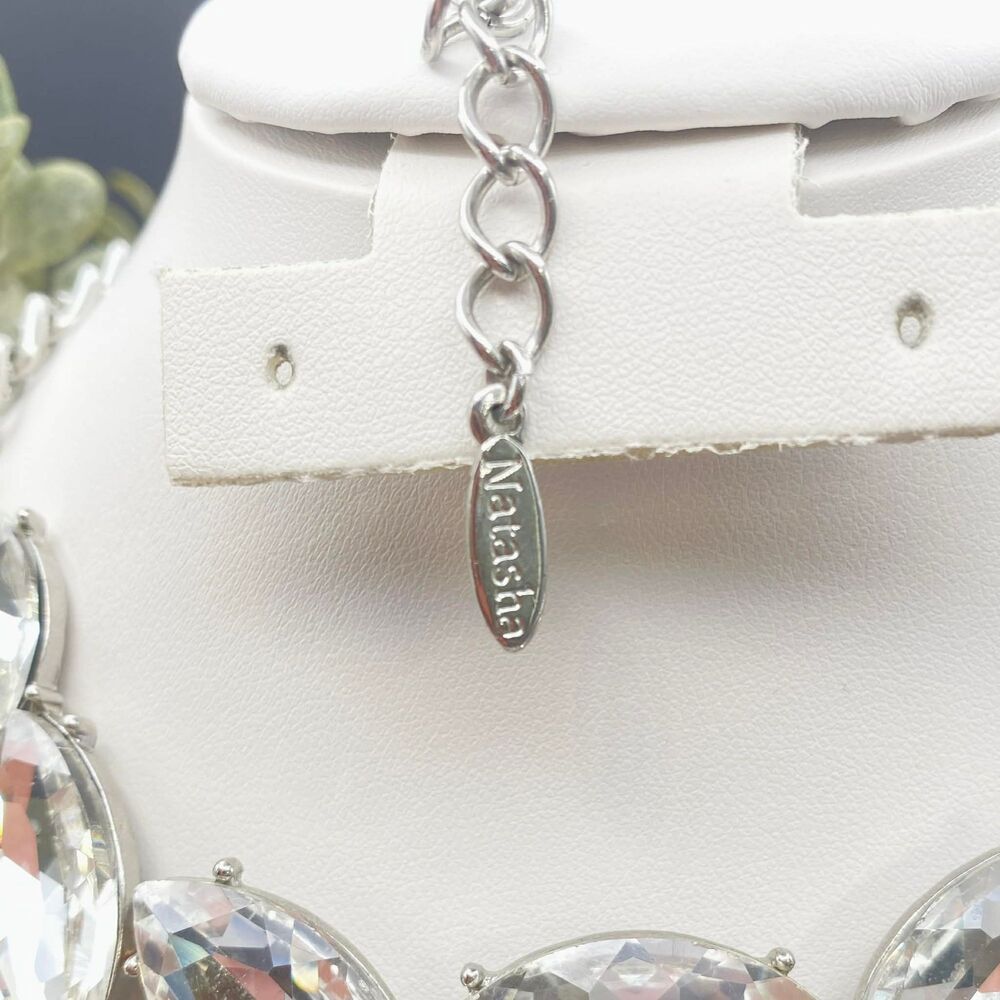 Natasha Crystal Bib Statement Necklace Silver Tone - Picture 6 of 7